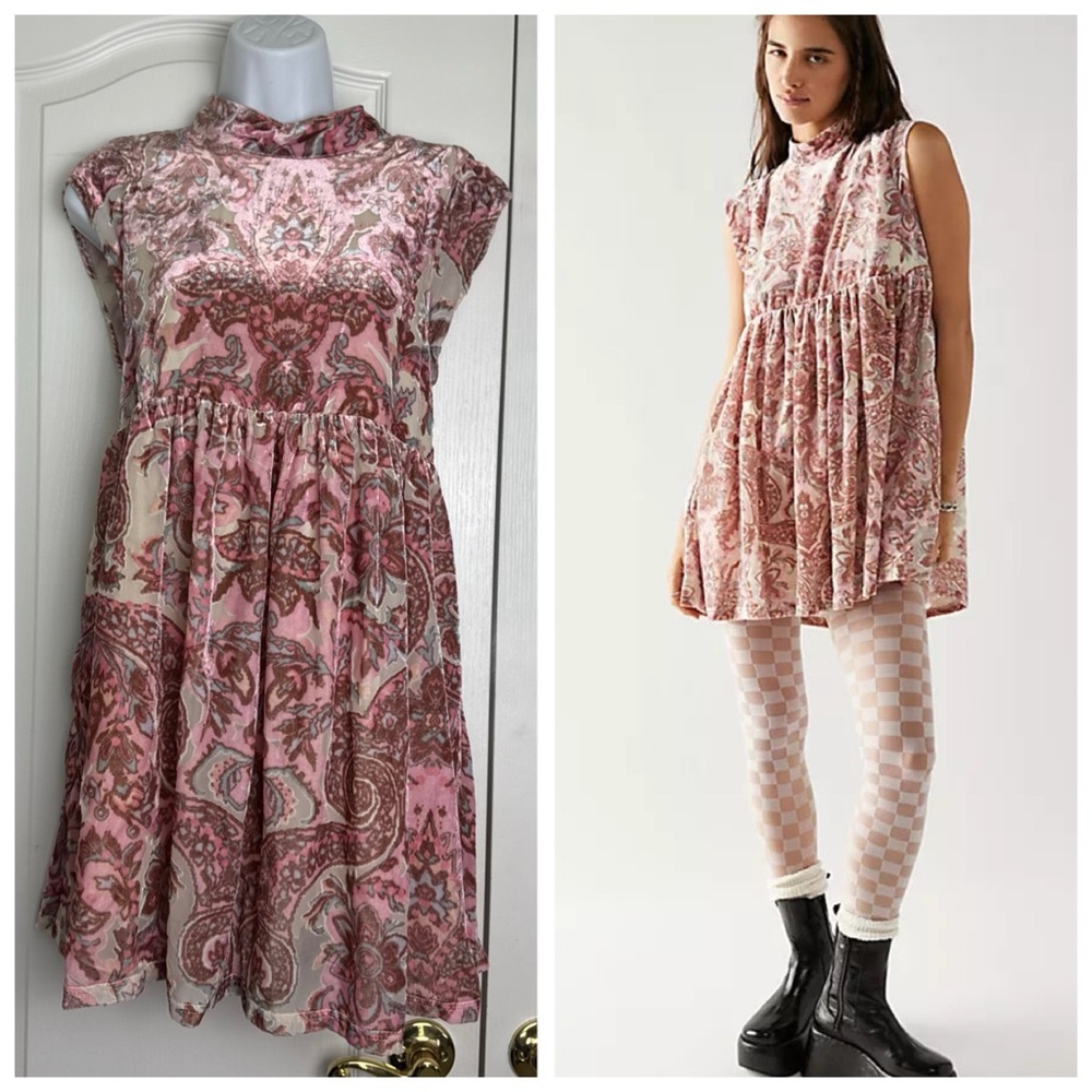 FREE PEOPLE ALL THE TIME VELVET Mini Dress Size XS Extra Small Pink PETAL COMBO